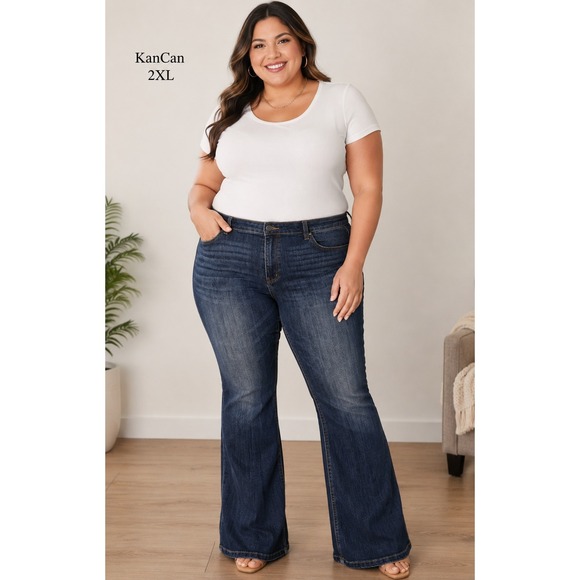 KanCan Denim - KanCan Women 2XL Dark Wash Flare Jeans Mid Rise Raw Hem Plus Size boho indie Y2K